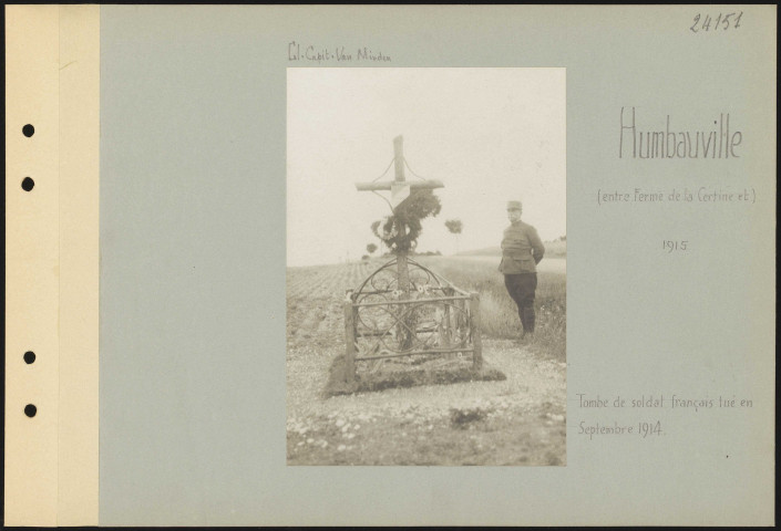 Humbauville (entre Ferme de la Certine et). Tombe de soldat français tué en septembre 1914