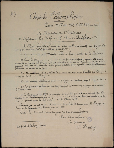 Projet de loi : remerciements à l'armée… Citoyens… Appelés sous les drapeaux…