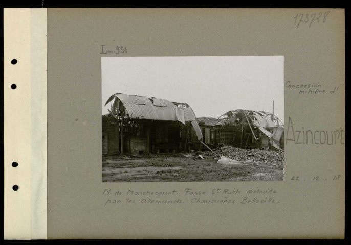 Azincourt (Concession minière d'). Nord de Monchecourt. Fosse Saint-Roch détruite par les Allemands. Chaudières Belleville