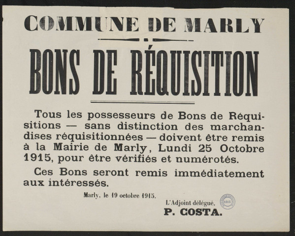 Bons de réquisition : tous les possesseurs ... doivent être remis à la Mairie ... pour être vérifiés et numérotés