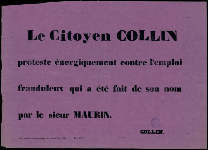 Le citoyen Collin proteste énergiquement contre l'emploi… De son nom par le sieur Maurin