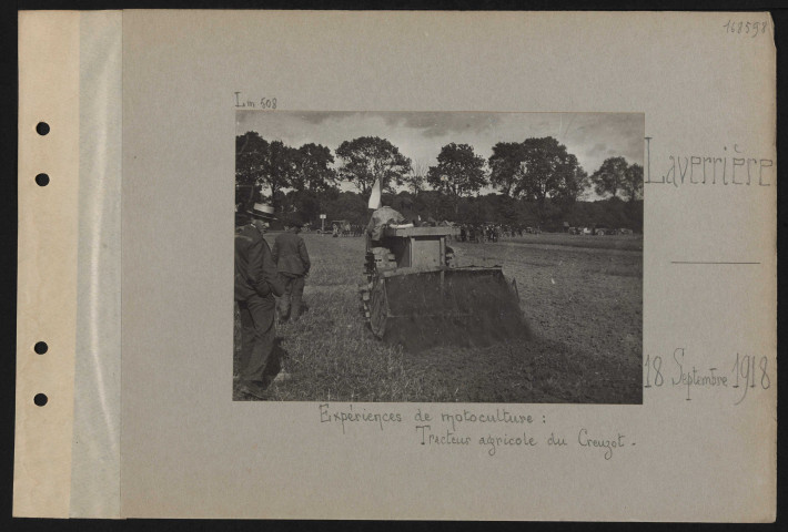 Laverrière. Expériences de motoculture : tracteur agricole du Creuzot