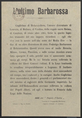 Guerre mondiale 1914-1918. Italie. Comitato di propaganda patriottica