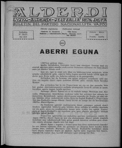 Alderdi (1965 : n° 214-225). Sous-Titre : Boletín del Partido nacionalista vasco