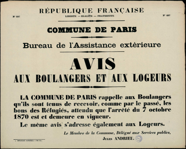 N°237. Avis aux boulangers et aux logeurs