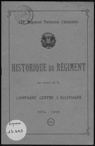 Historique du 139ème régiment d'infanterie territoriale