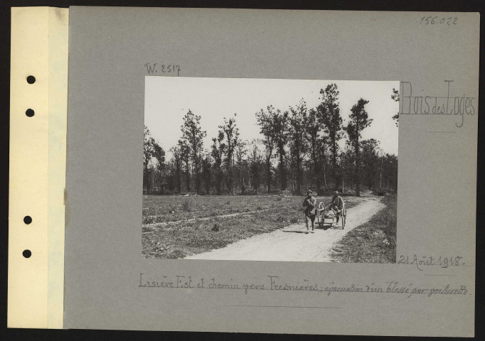 Bois des Loges. Lisière est et chemin vers Fresnières ; évacuation d'un blessé par voiturette