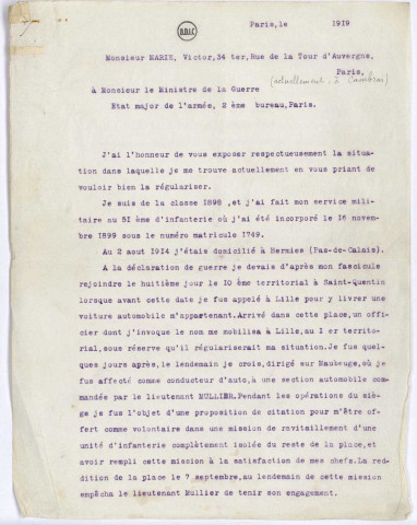 Cambrai (59) : Document relatant la conduite de Marié Victor