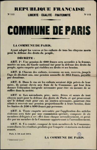 N°112. La Commune de Paris, ayant adopté les veuves et les enfants décrète