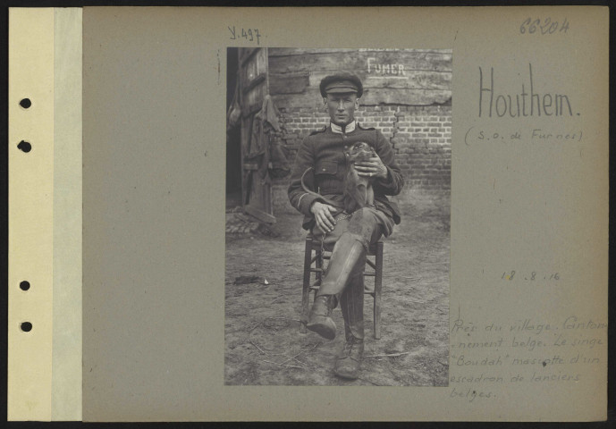 Houthem (sud-ouest de Furnes). Près du village. Cantonnement belge. Le singe "Boudah" mascotte d'un escadron de lanciers belges