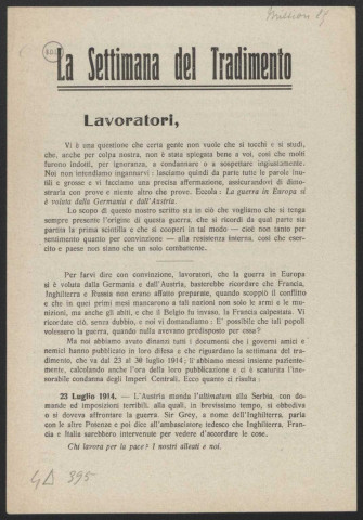 Guerre mondiale 1914-1918. Italie.Tracts de propagande patriotique. Origines et responsabilités de la guerre