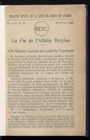 Octobre 1906 - Bulletin officiel de la Ligue des Droits de l'Homme