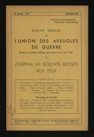 Année 1939 - Bulletin mensuel de l'Union des aveugles de guerre et journal des soldats blessés aux yeux