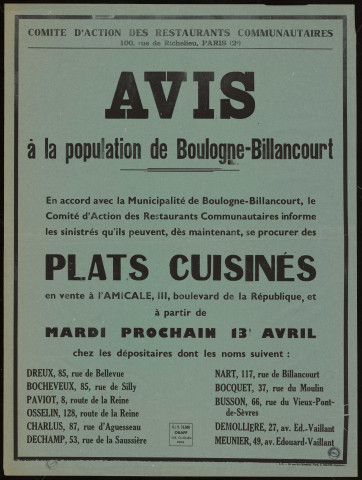 A la population de Boulogne-Billancourt : plats cuisinés