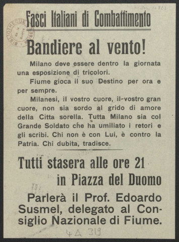 Guerre mondiale 1914-1918. Italie. Fasci italiani di combattimento (Milan)