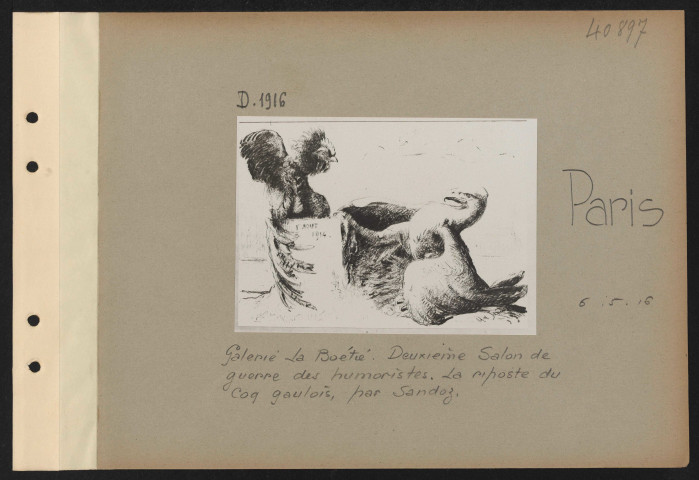 Paris. Galerie La Boétie. Deuxième Salon de guerre des humoristes. La riposte du coq gaulois, par Sandoz