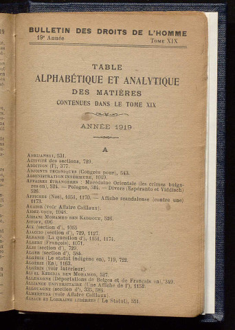 Table des matières 1919