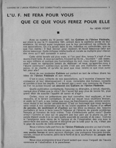 Cahiers de l’Union fédérale des combattants (1937 : n° 114-135). Sous-Titre : Journal de combattants pour tous les Français. Autre titre : Devient : Les heures de la guerre
