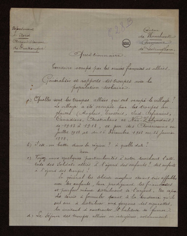 Ledringhem (59) : réponses au questionnaire sur le territoire occupé par les armées françaises et alliées