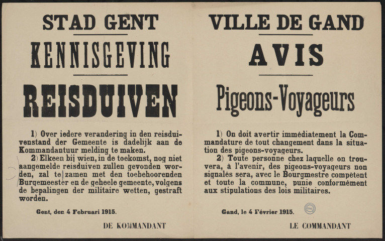 Kennisgeving : reisduiven = Avis : pigeons-voyageurs