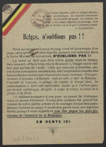 Guerre mondiale 1914-1918. Belgique. Propagande patriotique