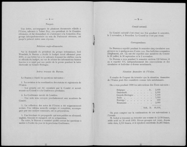 Union interparlementaire. Rapport du secrétaire général sur l'activité du Bureau interparlementaire en 1909