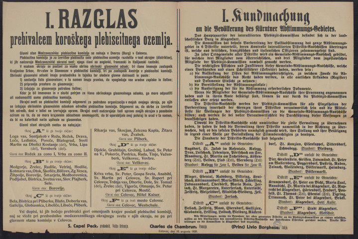 Razglas prebivalcem koroškega plebiscitnega ozemlja = Kundmachung an die Bevölkerung des Kärntner Abstimmungs-Gebietes