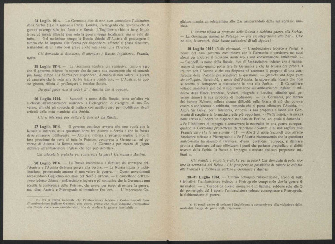 Guerre mondiale 1914-1918. Italie.Tracts de propagande patriotique. Origines et responsabilités de la guerre