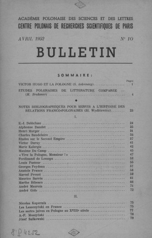 Bulletin (1952; n°10)  Sous-Titre : Académie Polonaise des Sciences et Lettres. Centre polonais de recherches scientifiques de Paris