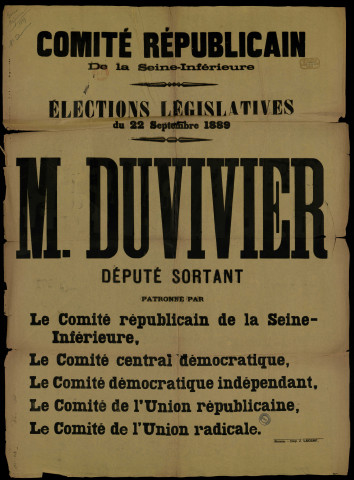 Comité républicain de la Seine-Inférieure Élections Législatives : M. Duvivier