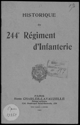 Historique du 244ème régiment d'infanterie