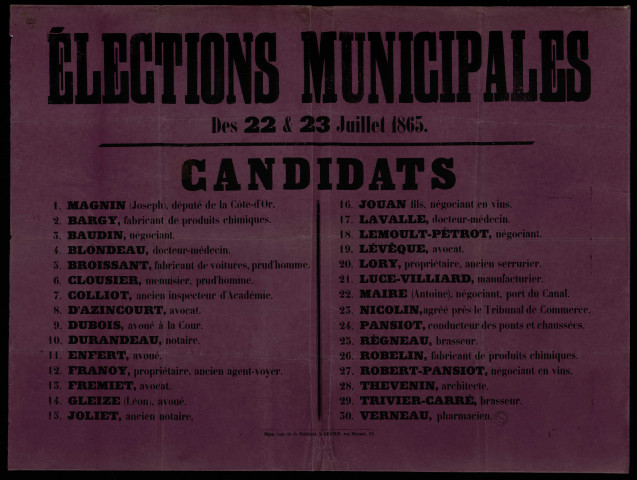 Élections municipales des 22 et 23 juillet 1865 : Candidats