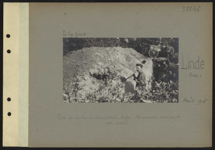 Linde (près). Poste de ballon d'observation belge. Aérostiers creusant un abri
