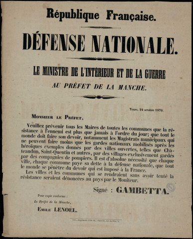 Défense nationale : Le Ministre de l'Intérieur et de la Guerre au Préfet de la Manche