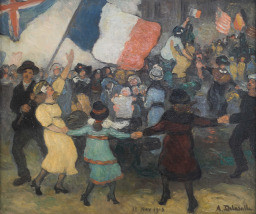 Peinture représentant une foule joyeuse faisant la ronde et tenant un drapeau français pour l'armistice de 1918