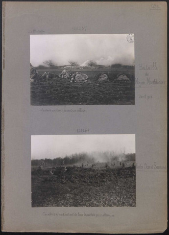 Bataille de Noyon-Montdidier (Oise). Infanterie en ligne devant un village