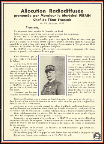 Allocution radiodiffusée prononcée par Monsieur le Maréchal Pétain ... le 30 octobre 1940