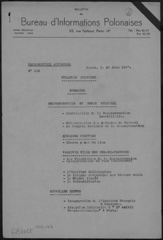 Bulletin culturel (1947: n° 103 - n° 110)  Autre titre : Supplément du Bulletin du Bureau d'Informations Polonaises