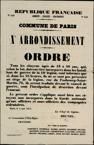 N°240. Tous les citoyens sont informés que si ils ne se sont pas présentés au siège de la Légion ils seront traduits devant le conseil de guerre