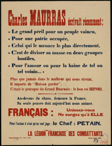 Charles Maurras écrivait récemment... Français: unissez-vous
