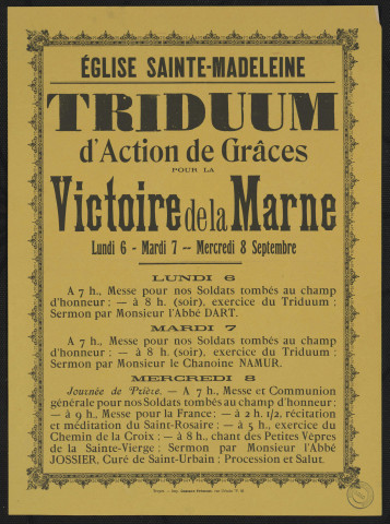 Eglise Sainte-Madeleine : triduum d'action de grâces pour la victoire de la Marne