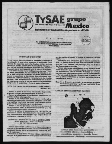 TYSAE (Mexique et Vénézuela), 1980-1983 : boletin informativo, tracts. Sous-Titre : Fonds Argentine