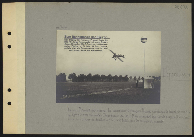 S.l. Deperdussin. Le prix Bennett des avions. Le vainqueur, le français Prévost a parcourut le trajet de 200 kilomètres en 59 minutes et 54 secondes avec monoplan Deperdussin de 160 HP, ne mesurant que 10 mètres de surface. Il atteignit ainsi une vitesse de 200 kilomètres à l'heure et battit tous les records du monde