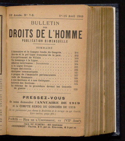 Avril 1919 - Bulletin des Droits de l'Homme