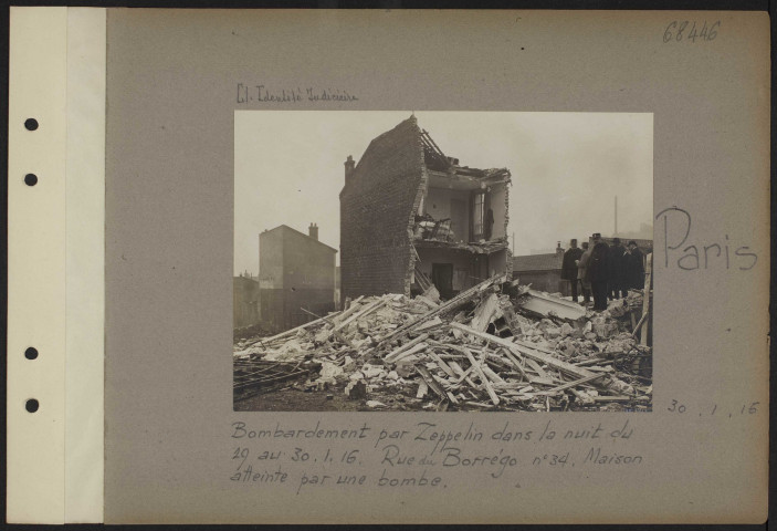 Paris. Bombardement par zeppelin dans la nuit du 29 au 30-1-1916. Rue du Borrégo numéro 34. Maison atteinte par une bombe