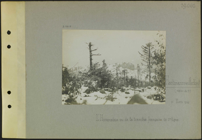 Hartmannswillerkopf (Région de l'). L'Hirzenstein vu de la tranchée française de première ligne