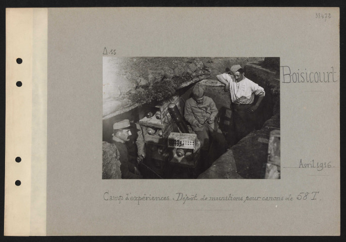 Boisicourt. Camp d'expériences : dépôt de munitions pour canons de 58T