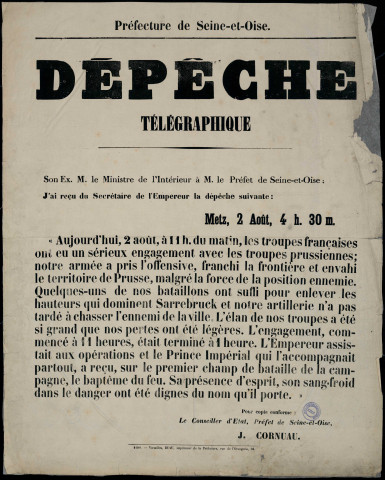 Dépêche télégraphique : les troupes français ont eu un sérieux engagement avec les troupes prussiennes…