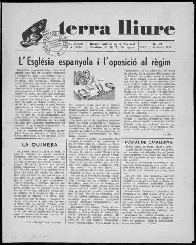 Terra Lliure (1974 : n° 13-18). Sous-Titre : Butlletí de la Regional Catalana C.N.T [puis] Butlletí interior de l'Agrupació Catalana C.N.T. (Exterior)