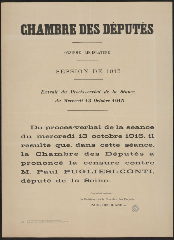 Chambre des députés : extrait du procès-verbal de la séance du mercredi 13 octobre 1915